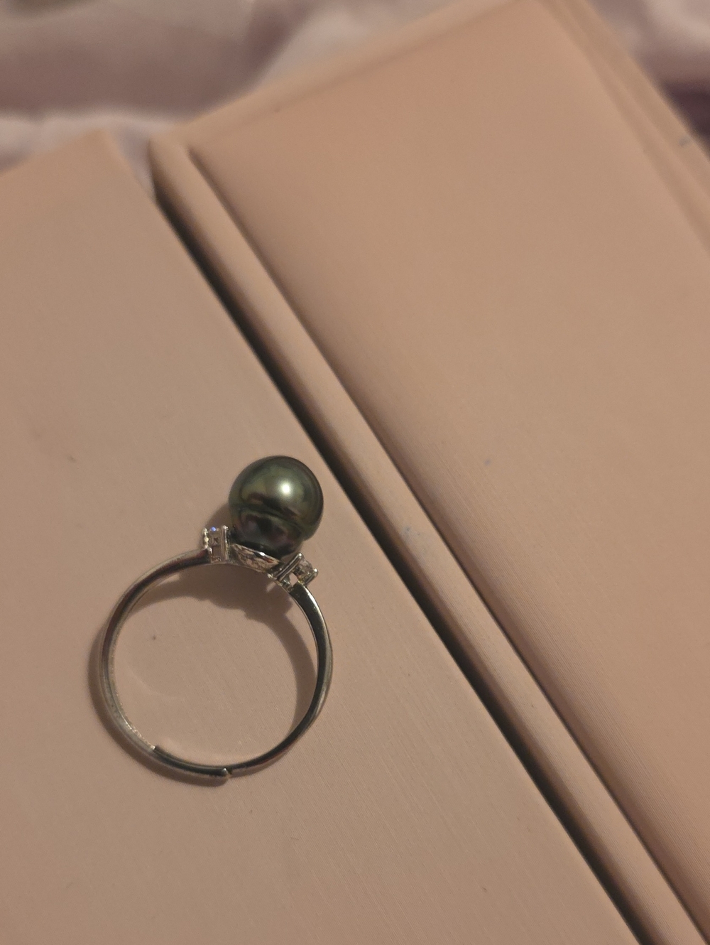 Black Tahitian Pearl Solitaire Ring in Dark Green with Sterling Silver Band.